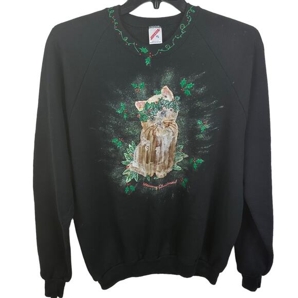 Vintage Jerzees 80's Hand Painted Meow-y Christmas Cat Graphic Sweatshirt XL - Picture 1 of 10